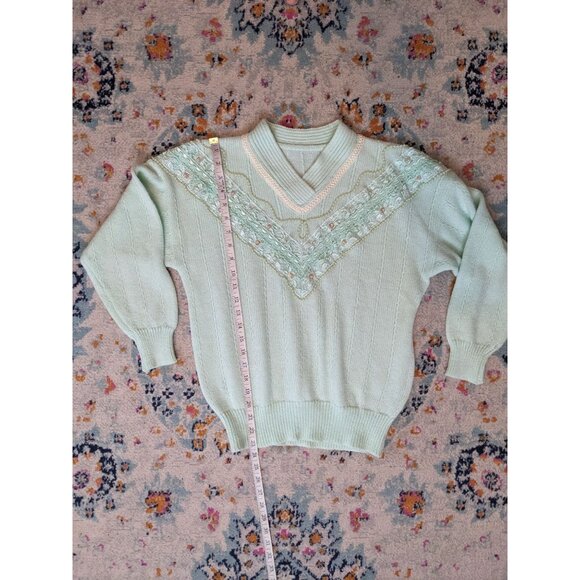 Women's Mint/Sea Foam Ribbed Sweater with Lace and Pearl Details - Picture 6 of 7